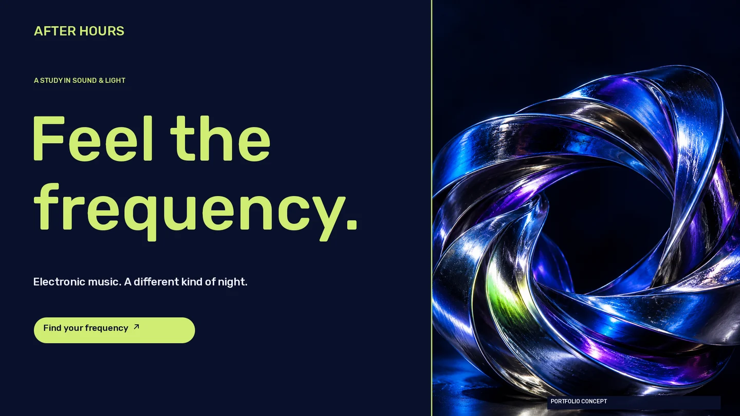 AFTER HOURS · Banner · Chrome wave sculpture with cobalt, violet and lime reflections