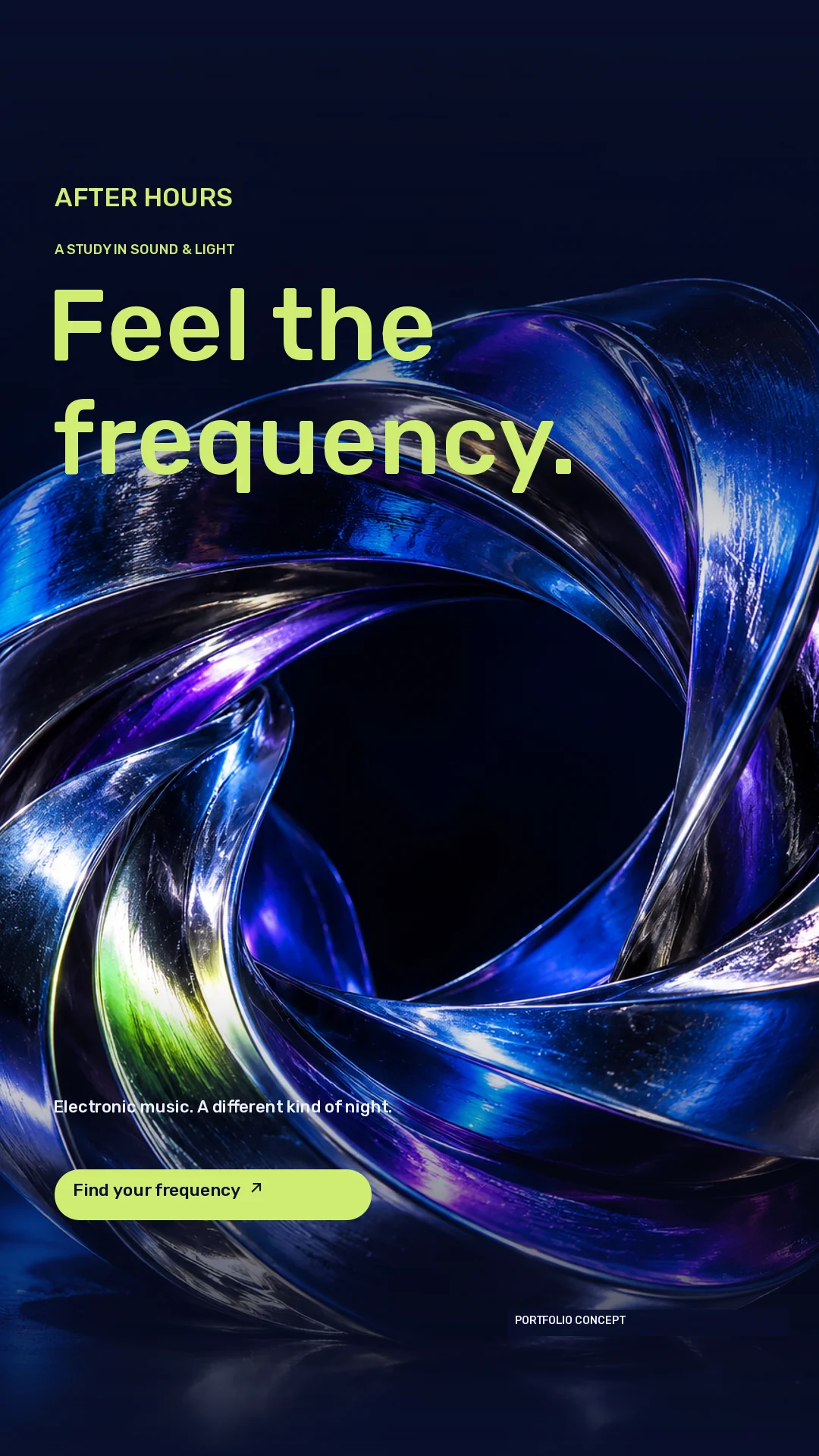 AFTER HOURS · Story · Chrome wave sculpture with cobalt, violet and lime reflections
