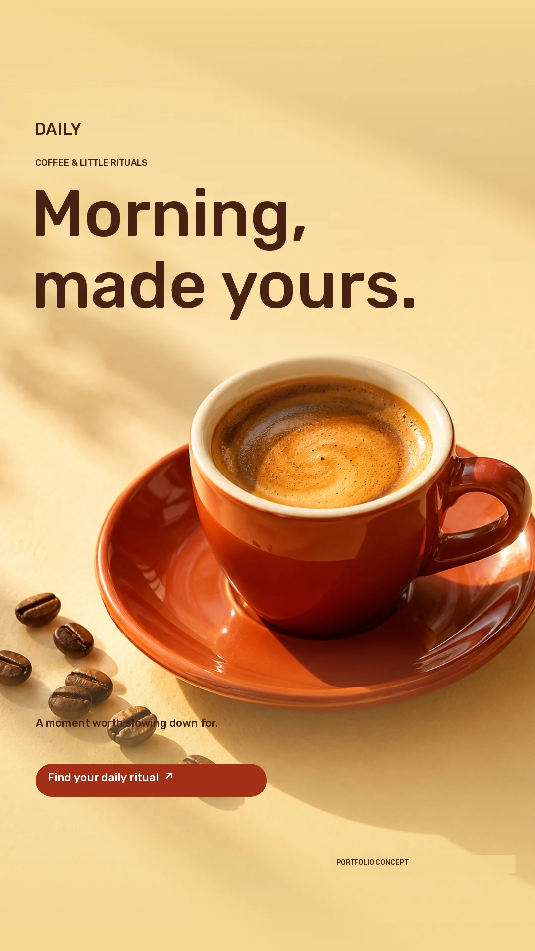 DAILY · Story · Terracotta espresso cup in warm morning light