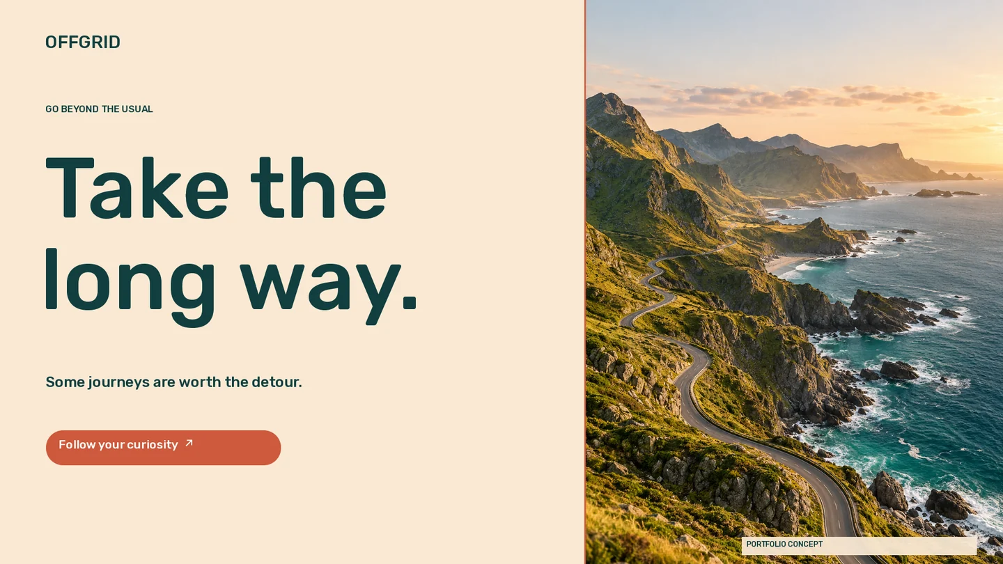 OFFGRID · Banner · Winding empty road along a dramatic sunlit coast