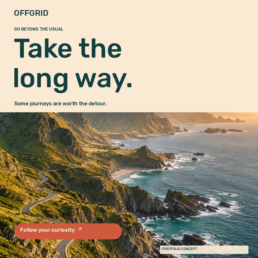 OFFGRID · Feed · Winding empty road along a dramatic sunlit coast
