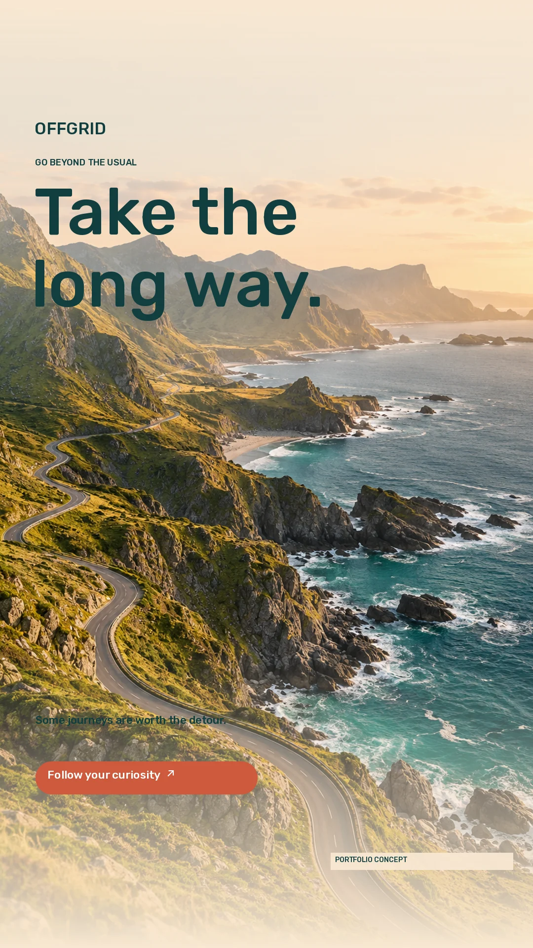 OFFGRID · Story · Winding empty road along a dramatic sunlit coast