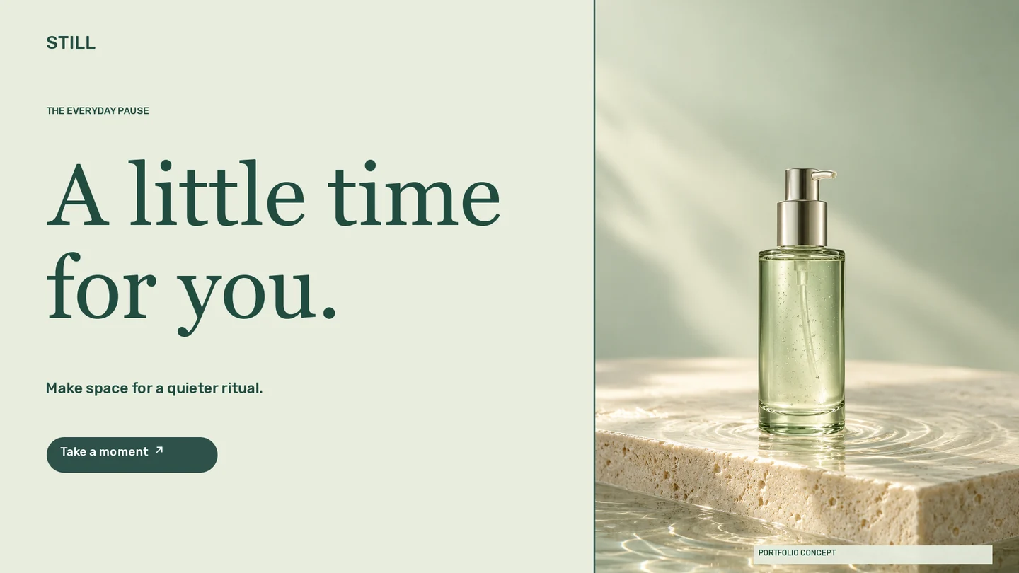 STILL · Banner · Sage glass bottle on a stone plinth with water reflections