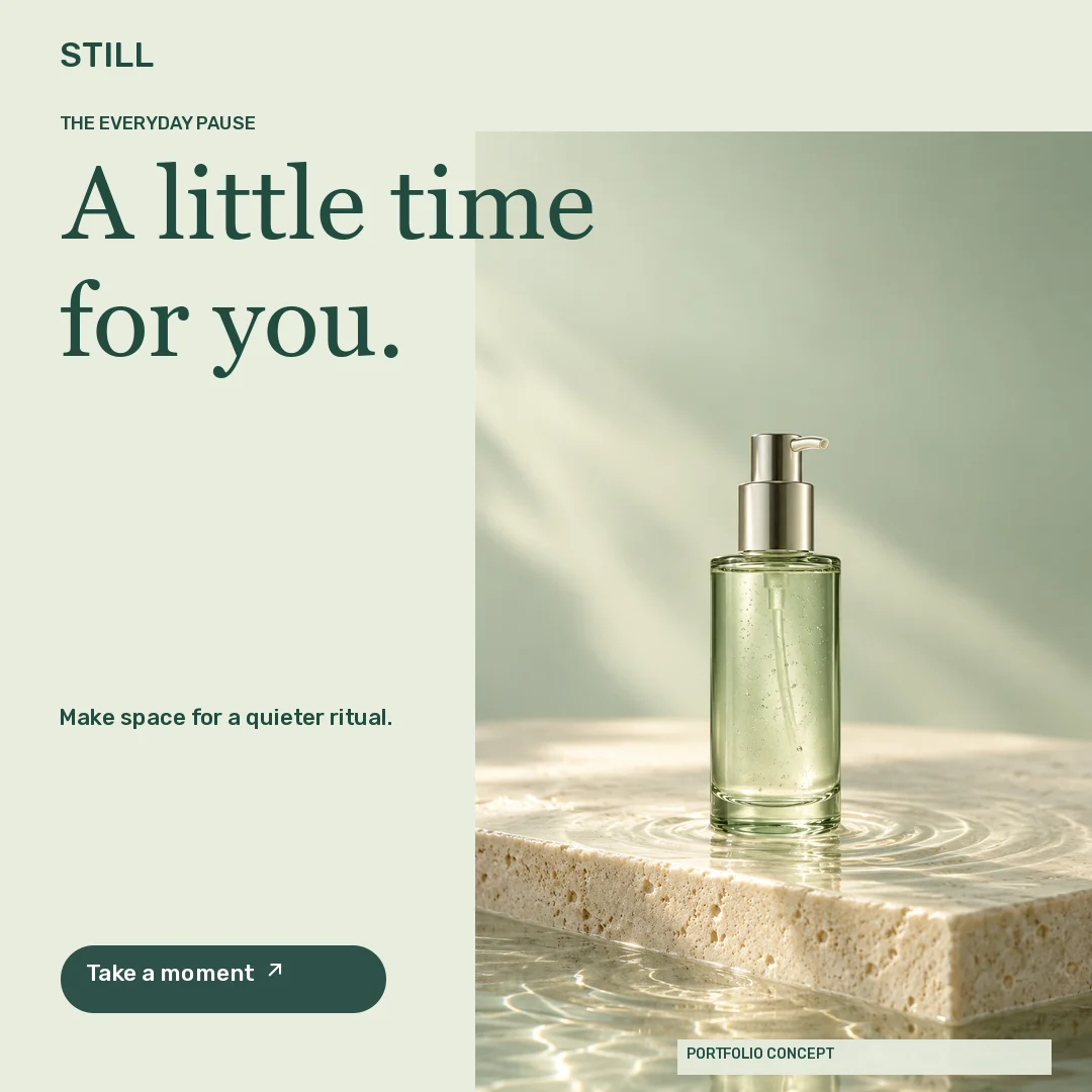 STILL · Feed · Sage glass bottle on a stone plinth with water reflections