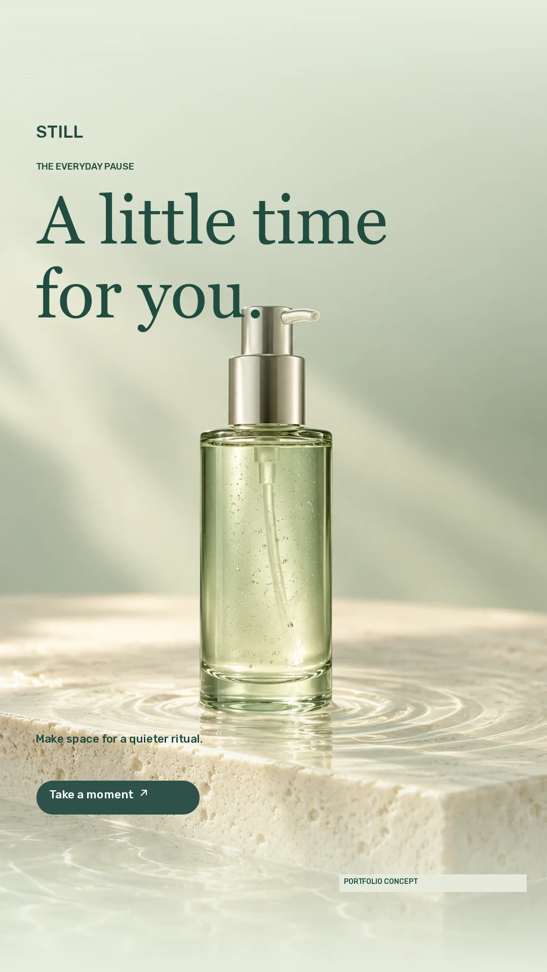 STILL · Story · Sage glass bottle on a stone plinth with water reflections