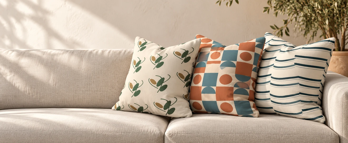Подушки Botanical, Colour Block и Ink вместе — концепт-сцена ИИ