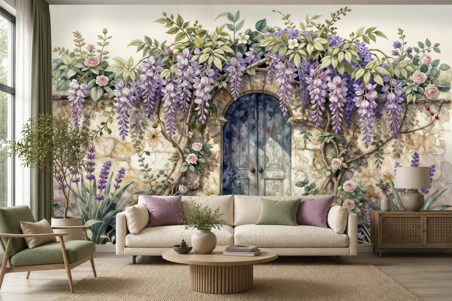 Door to a blooming garden — interior mockup