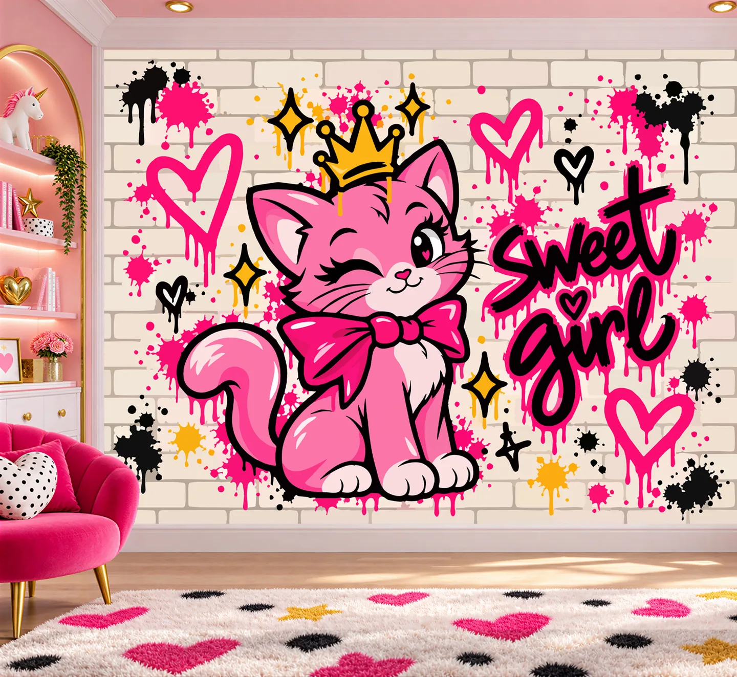 Pink cat graffiti — interior mockup